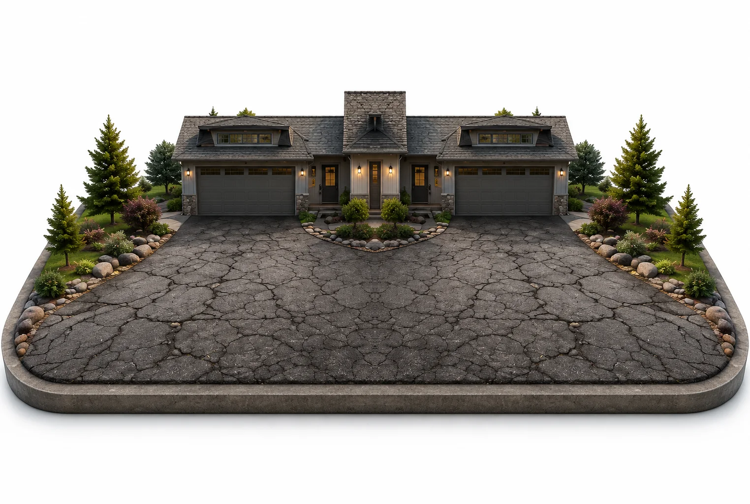 3D model of a home with an aged, cracked asphalt driveway