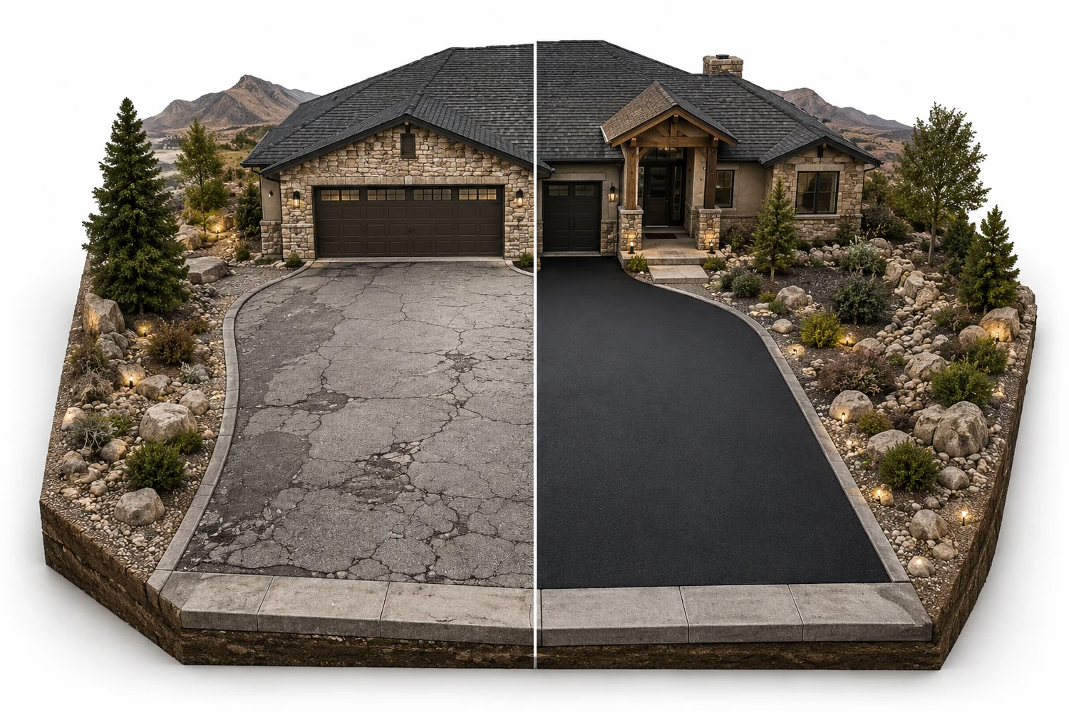 Isometric 3D model of a residential property, half aged asphalt and half freshly paved