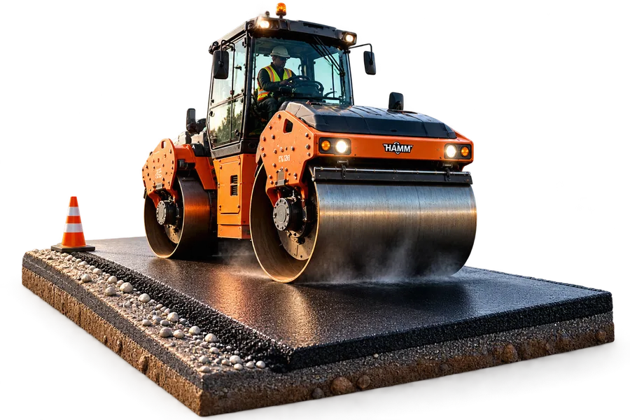 3D render of an asphalt roller compacting a fresh asphalt slab