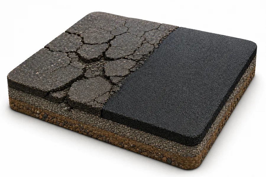 3D render of a cracked asphalt slab transitioning to a repaired surface