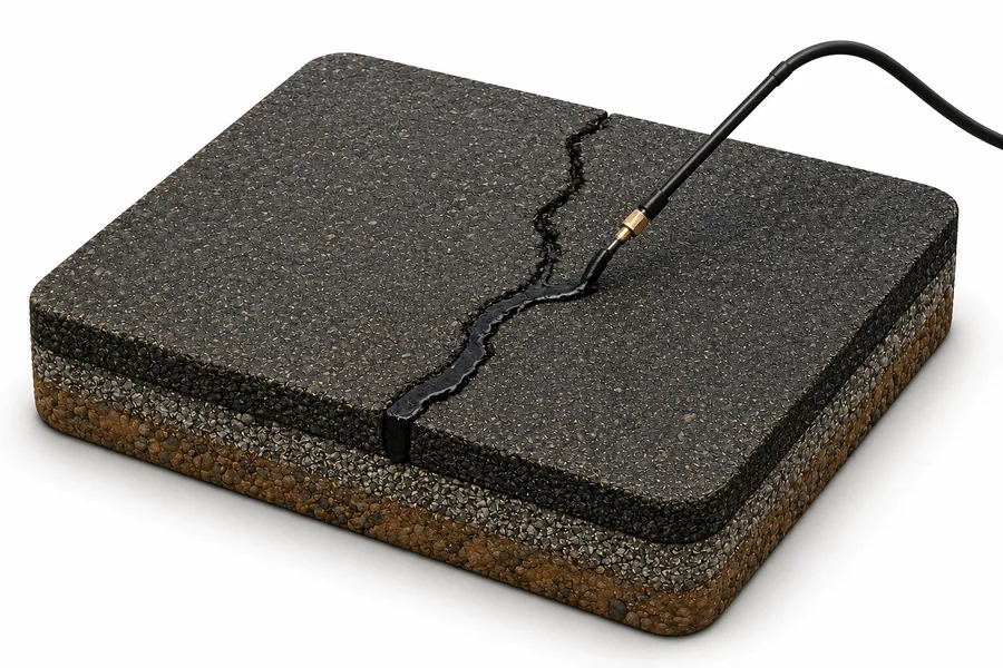 3D render of a hot-rubberized crack being sealed in an asphalt slab