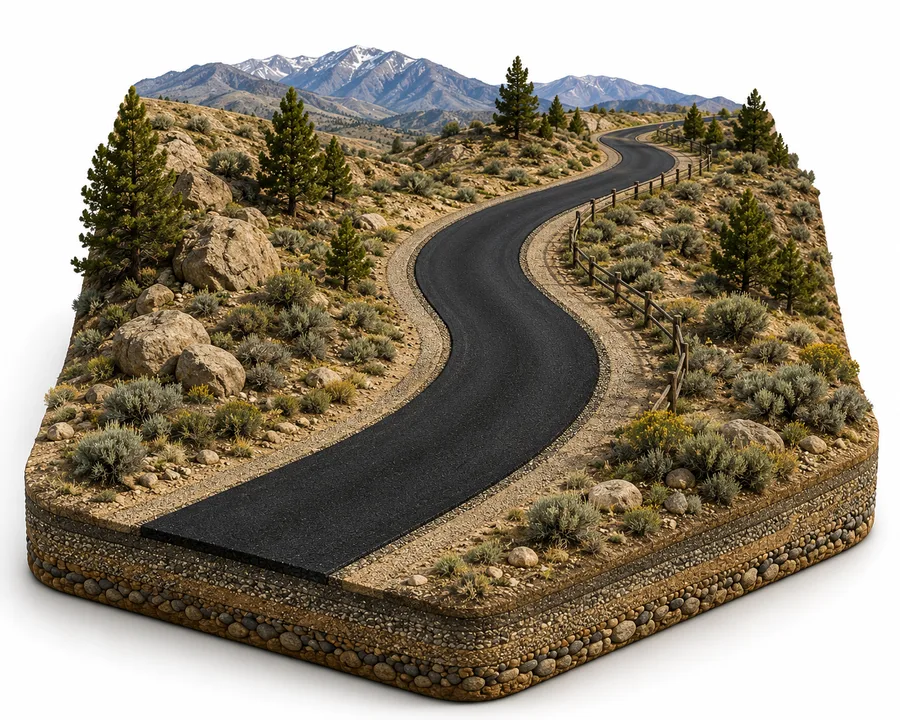 3D diorama of a winding private road through Northern Nevada terrain