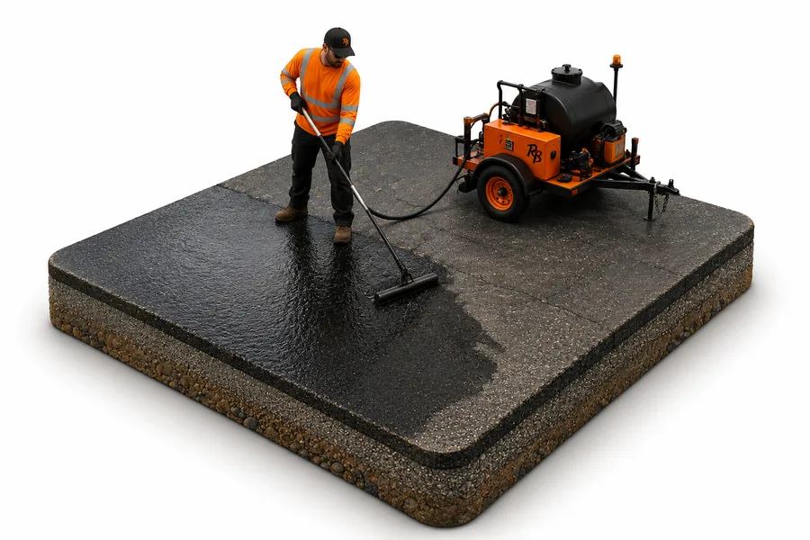 3D render of a crew member sealcoating an asphalt slab with an RB spray rig
