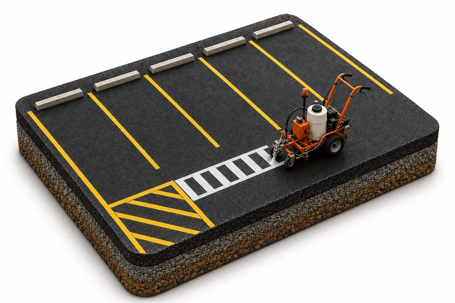 3D render of a miniature parking lot being striped with fresh markings