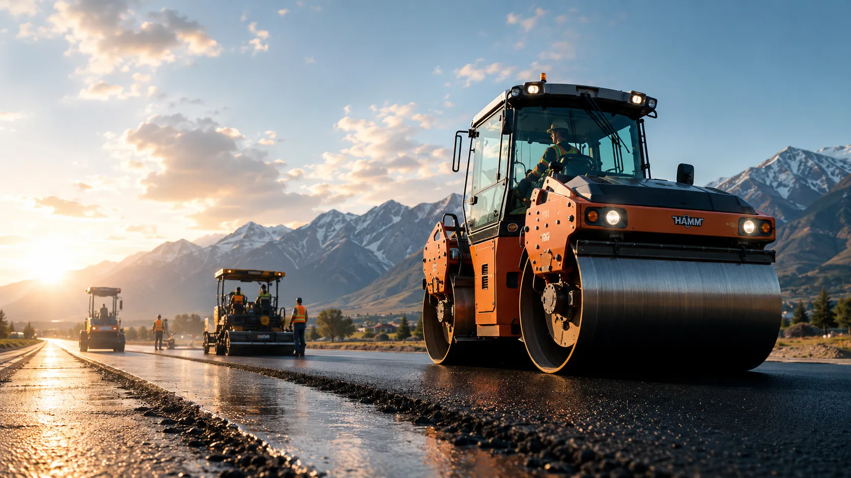 Asphalt road roller paving a fresh road toward the Sierra Nevada at sunrise